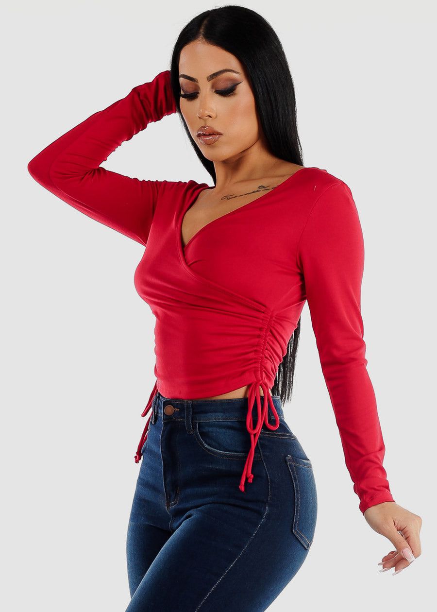 Long Sleeve Surplice Crop Top Red w Ruched Sides sold by Moda