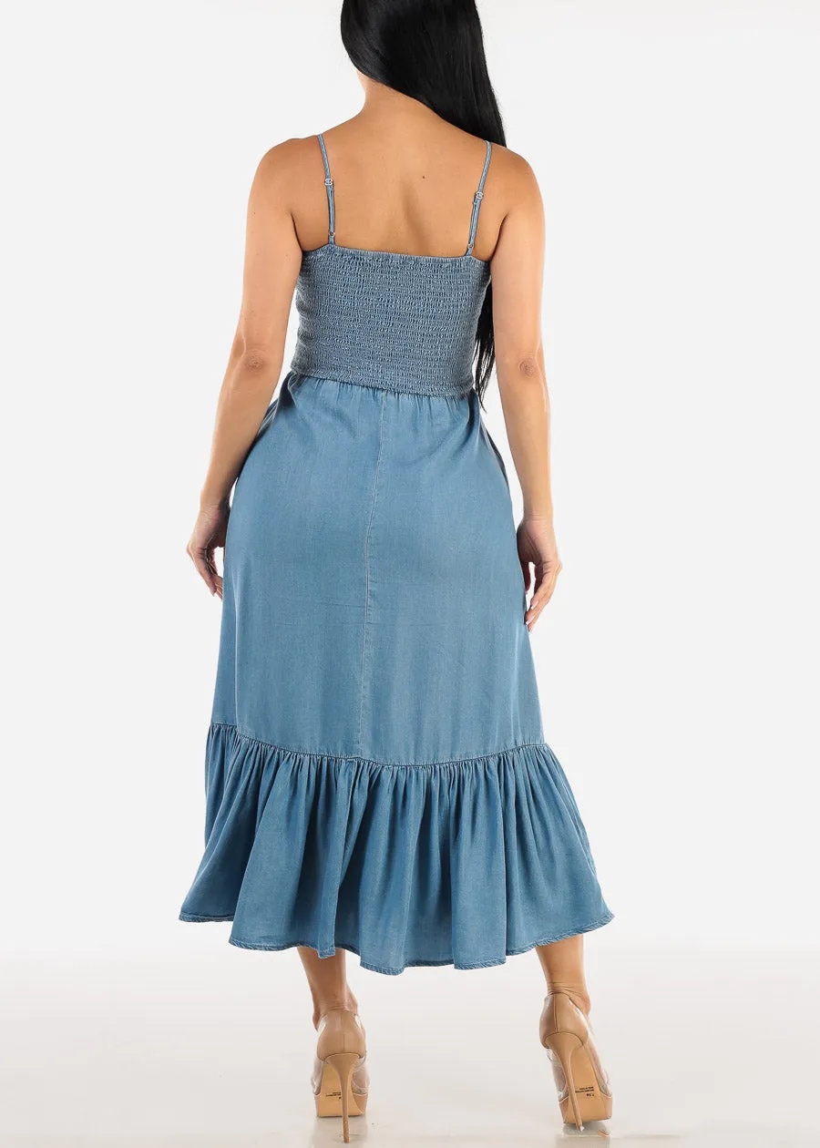 Sleeveless Smocked Denim Maxi Dress Blue sold by Moda product image thumbnail 3