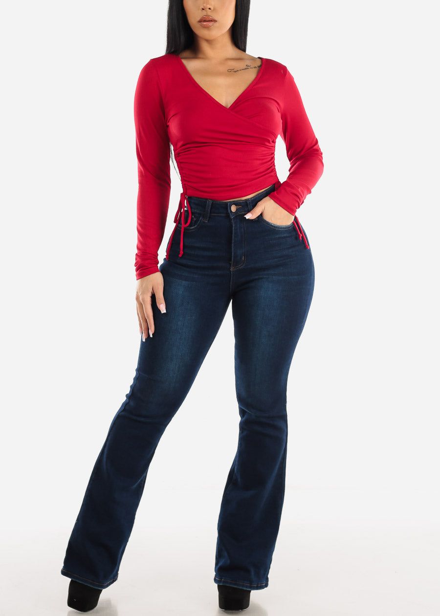 Long Sleeve Surplice Crop Top Red w Ruched Sides sold by Moda product image thumbnail 2