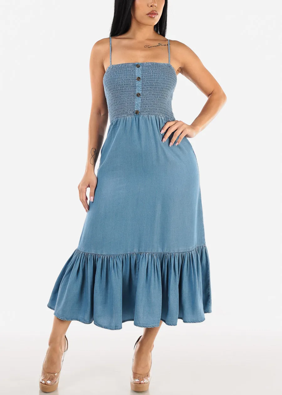 Sleeveless Smocked Denim Maxi Dress Blue sold by Moda