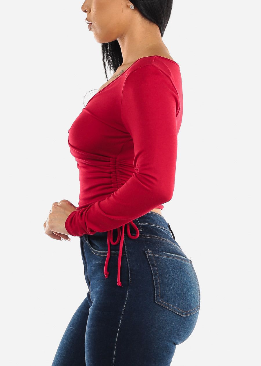 Long Sleeve Surplice Crop Top Red w Ruched Sides sold by Moda product image thumbnail 3