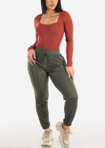Casual High Waist Olive Jogger Pants sold by Moda