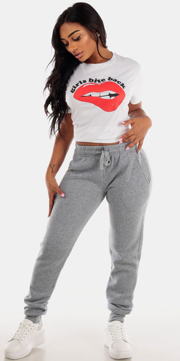 Grey Drawstring Waist Sweatpants with White Crewneck Short Sleeve Graphic T-Shirt sold by Moda