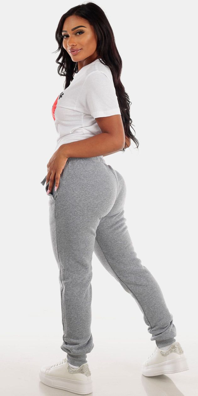 Grey Drawstring Waist Sweatpants with White Crewneck Short Sleeve Graphic T-Shirt sold by Moda product image thumbnail 2