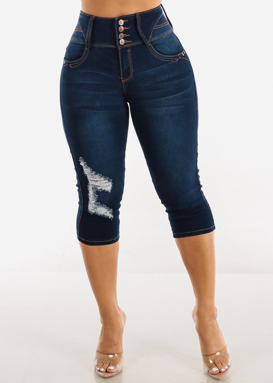 Super High Waisted Butt Lift Denim Capris Dark Wash sold by Moda product image thumbnail 3