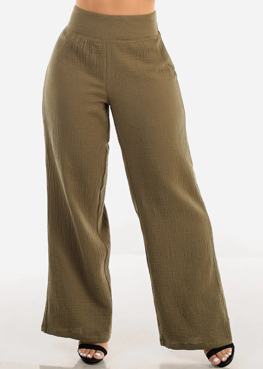 Super High Waist Wide Legged Cotton Pants Olive sold by Moda