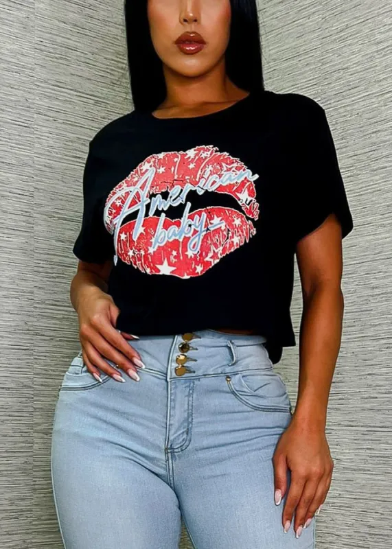 Short Sleeve American Baby Graphic Cropped Tee Black sold by Moda