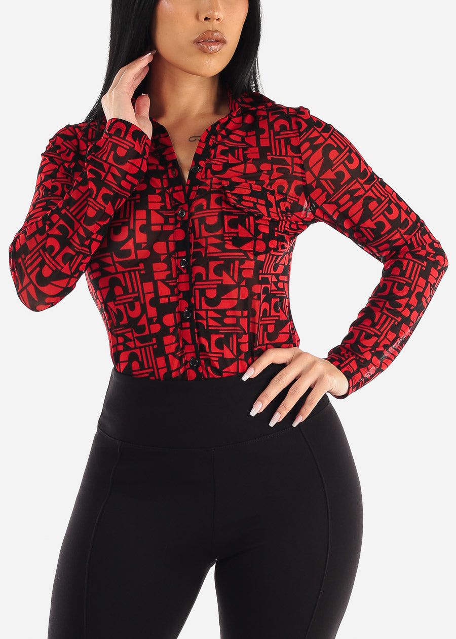 Printed Long Sleeve Button Up Mesh Collared Blouse Red sold by Moda product image thumbnail 5