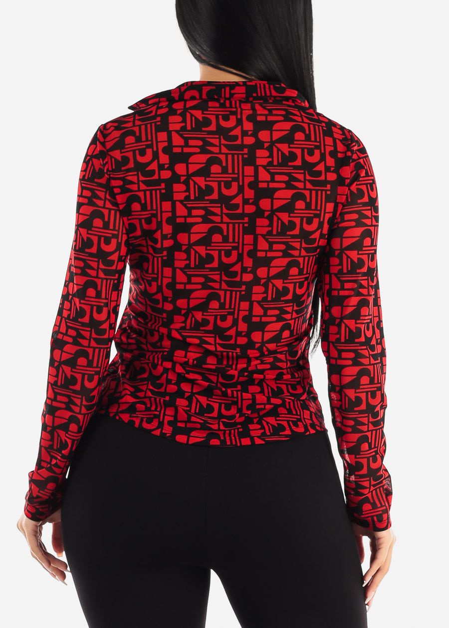 Printed Long Sleeve Button Up Mesh Collared Blouse Red sold by Moda product image thumbnail 4