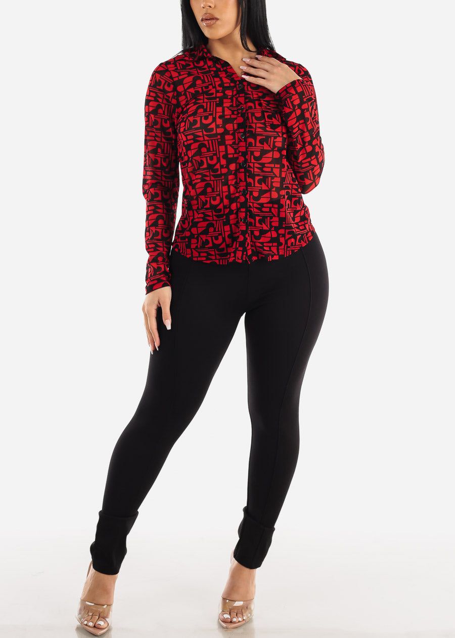 Printed Long Sleeve Button Up Mesh Collared Blouse Red sold by Moda product image thumbnail 2
