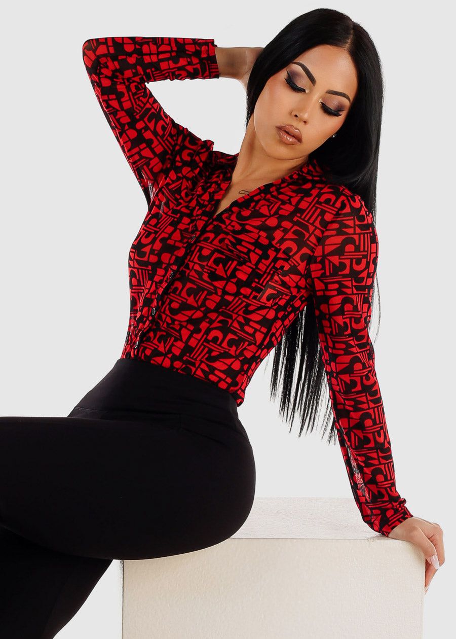 Printed Long Sleeve Button Up Mesh Collared Blouse Red sold by Moda