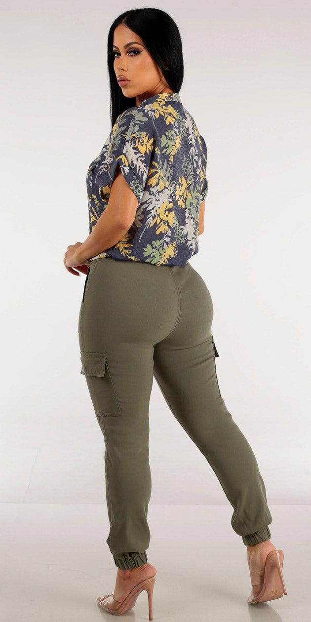 Olive Drawstring Waist Cargo Joggers with Short Sleeve Floral Button Up Navy Shirt sold by Moda product image thumbnail 2