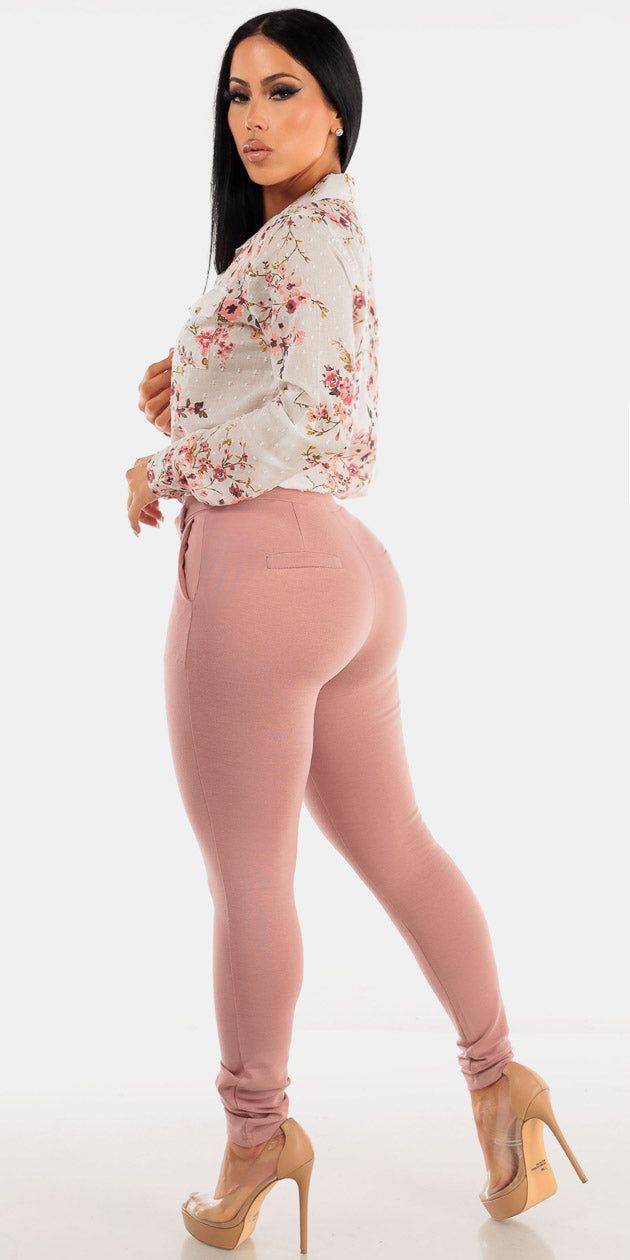 Mauve High Waisted Dressy Skinny Pants with Ivory Long Sleeve Floral Button Up Shirt sold by Moda product image thumbnail 2
