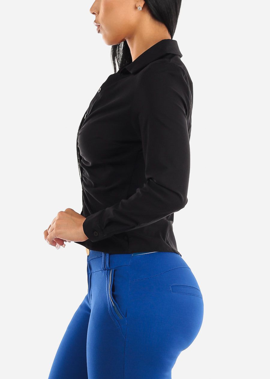 Black Button Up Ruched Collared Stretchy Shirt sold by Moda product image thumbnail 3