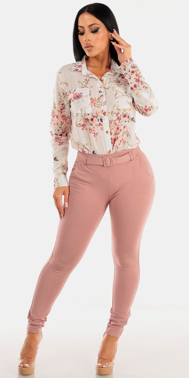 Mauve High Waisted Dressy Skinny Pants with Ivory Long Sleeve Floral Button Up Shirt sold by Moda