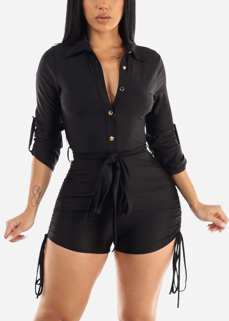 Black Button Up Satin Collared Romper w Belt sold by Moda