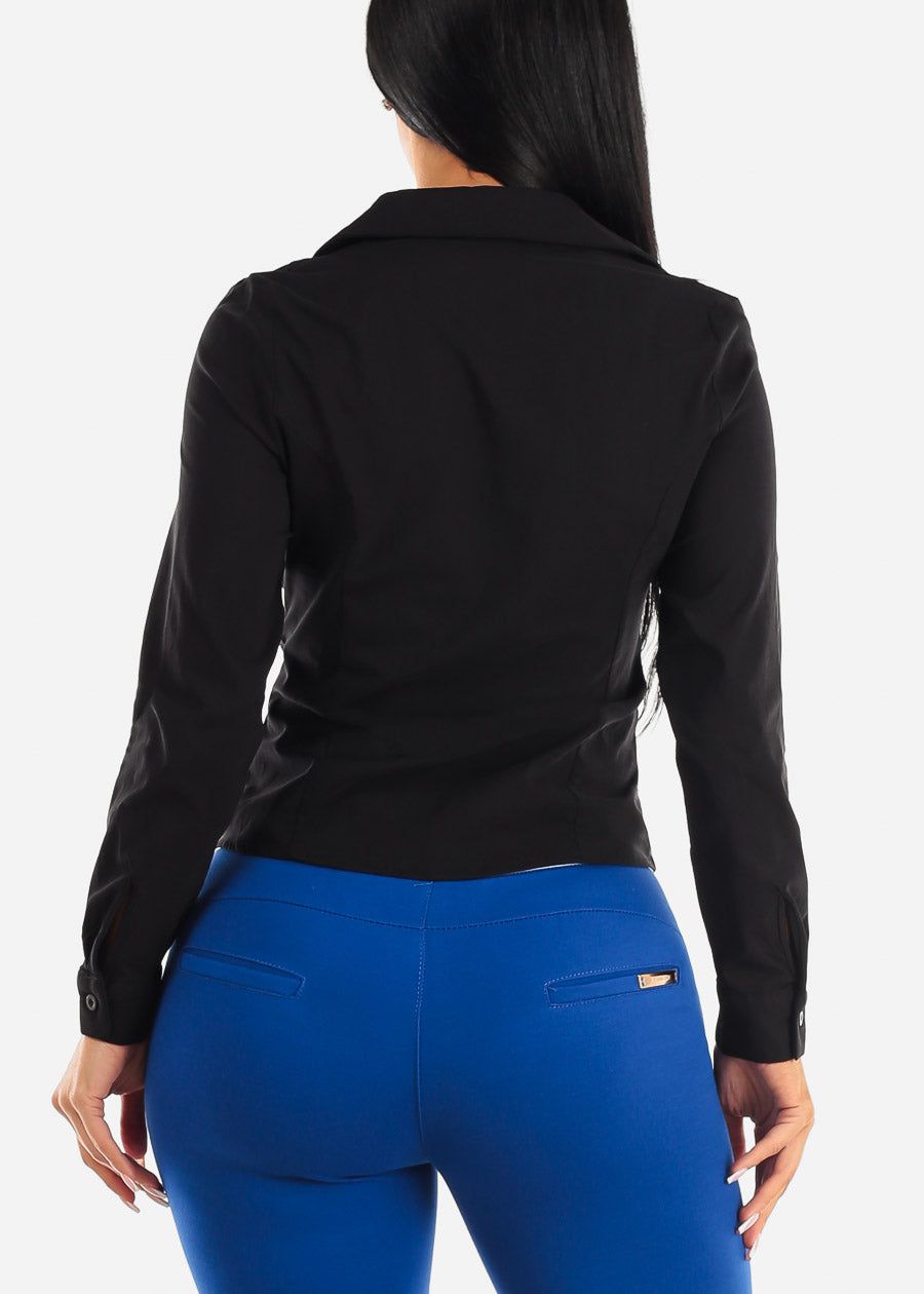 Black Button Up Ruched Collared Stretchy Shirt sold by Moda product image thumbnail 4