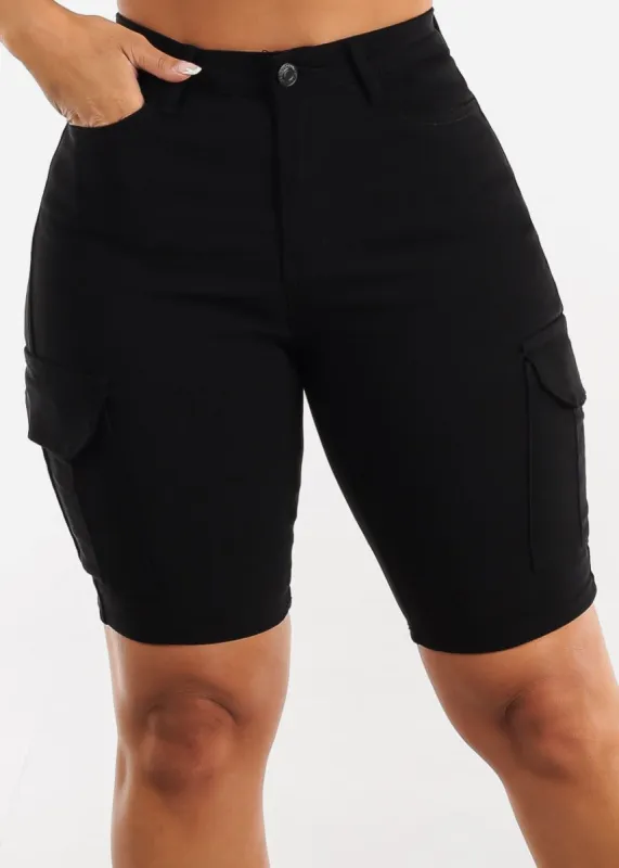 Black High Waist Hyper Stretch Cargo Bermuda Shorts sold by Moda