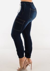 High Drawstring Waist Dark Denim Cargo Joggers sold by Moda