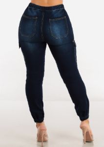 High Drawstring Waist Dark Denim Cargo Joggers sold by Moda