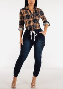 High Drawstring Waist Dark Denim Cargo Joggers sold by Moda