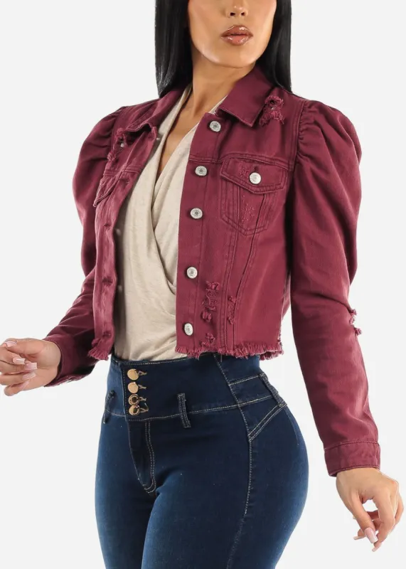 Puff Sleeve Distressed Cropped Denim Jacket Burgundy sold by Moda