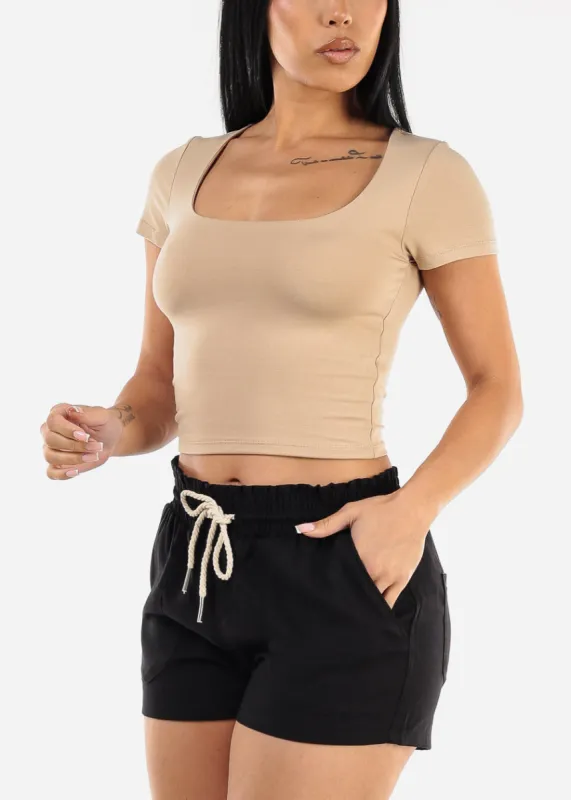 Short Sleeve Square Neck Crop Top Khaki sold by Moda