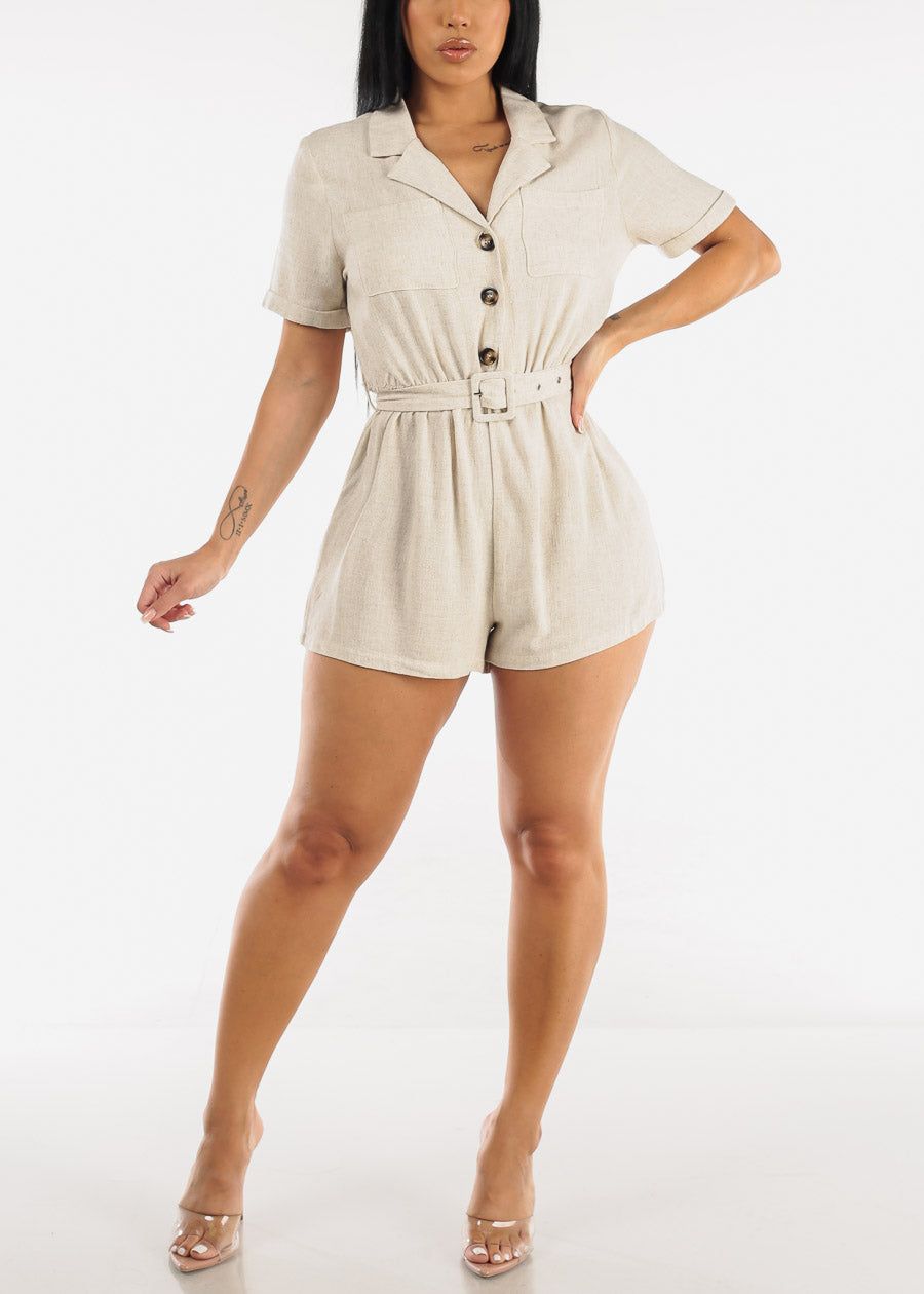 Khaki Linen Short Sleeve Button Up Belted Romper sold by Moda product image thumbnail 4