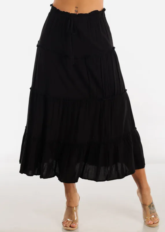 Black A Line High Waist Ruffle Tiered Maxi Skirt sold by Moda