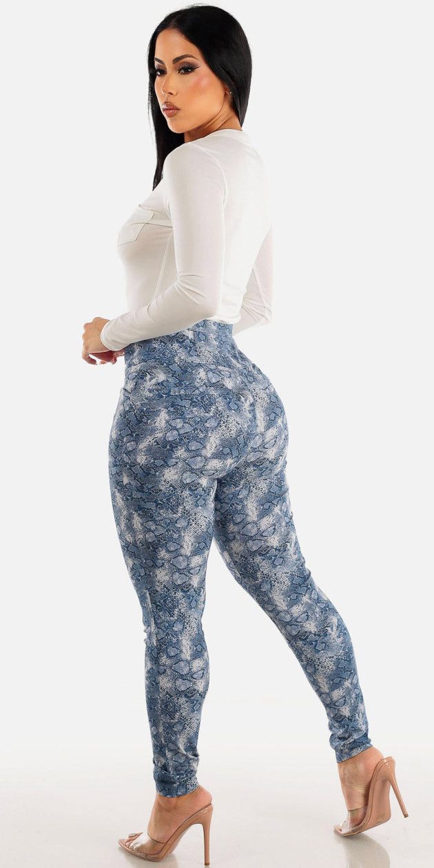 Blue High Waist Printed Skinny Pants with White Half Button Up Long Sleeve Blouse sold by Moda product image thumbnail 2