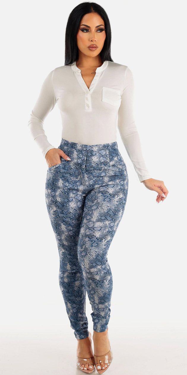 Blue High Waist Printed Skinny Pants with White Half Button Up Long Sleeve Blouse sold by Moda