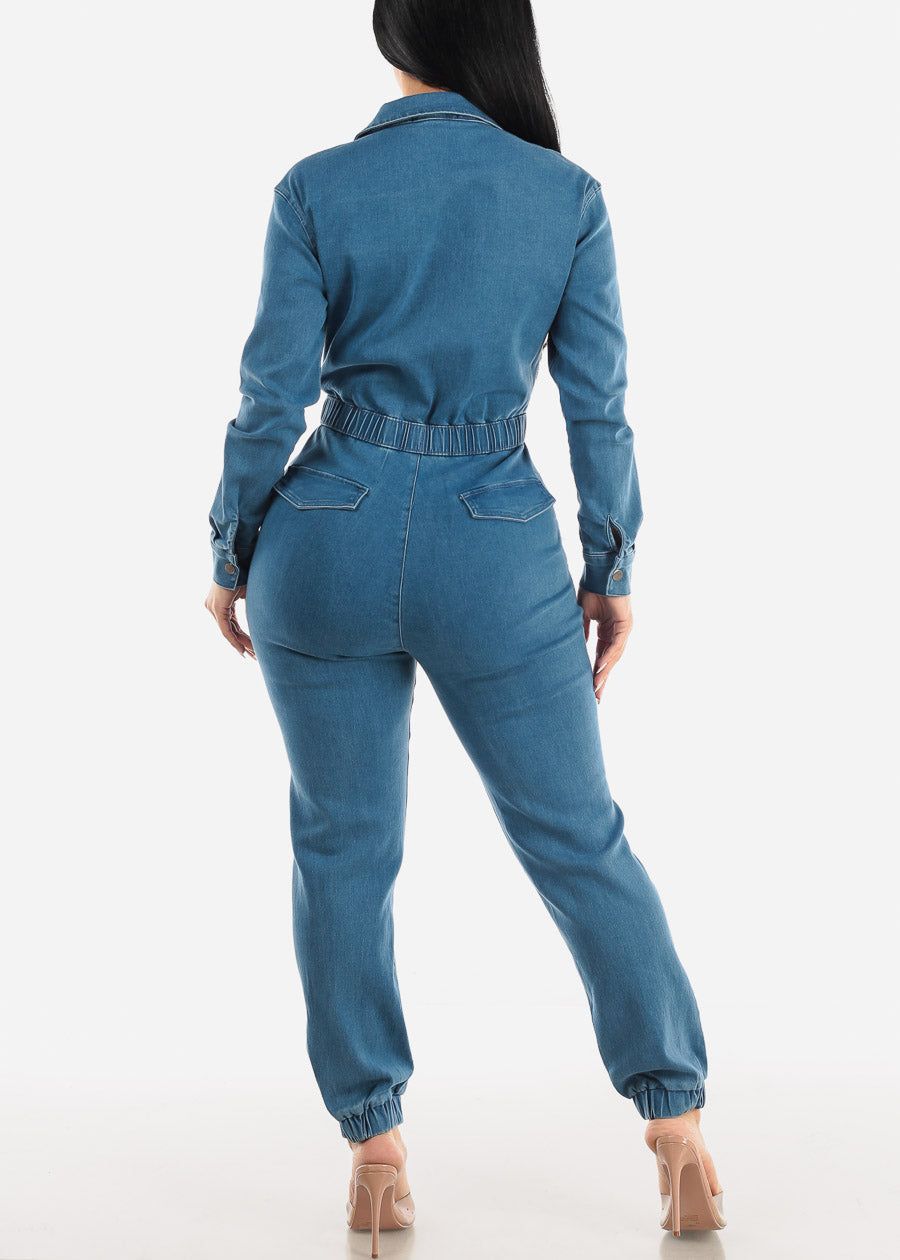 Zip Up Med Wash Denim Jumpsuit w Belt sold by Moda product image thumbnail 3