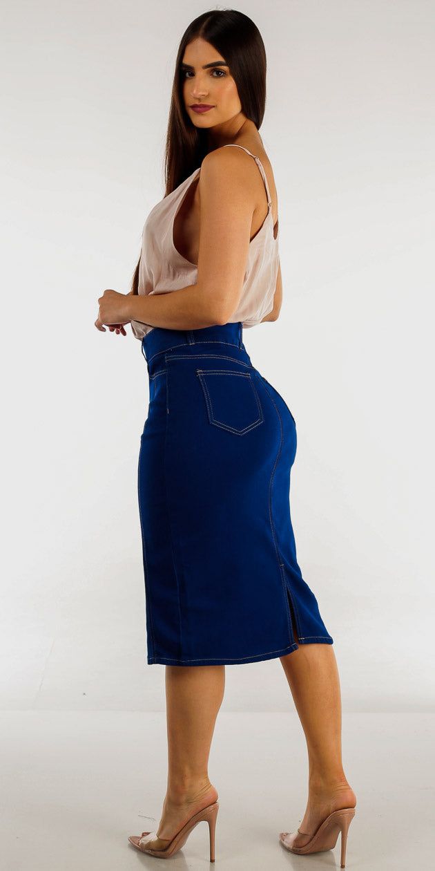 High Waisted Blue Denim Midi Pencil Skirt with Sleeveless Surplice Bodysuit sold by Moda product image thumbnail 2