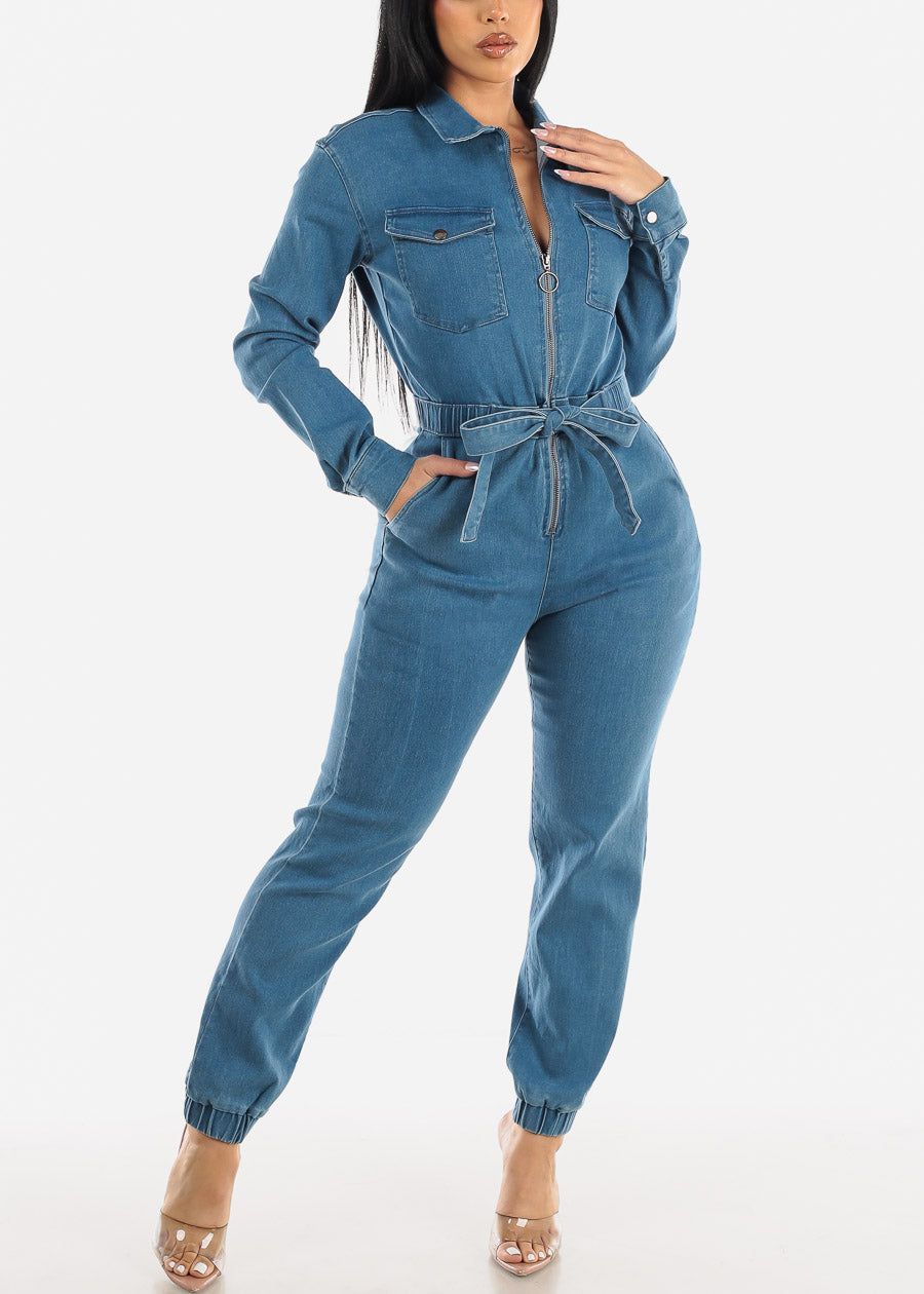 Zip Up Med Wash Denim Jumpsuit w Belt sold by Moda
