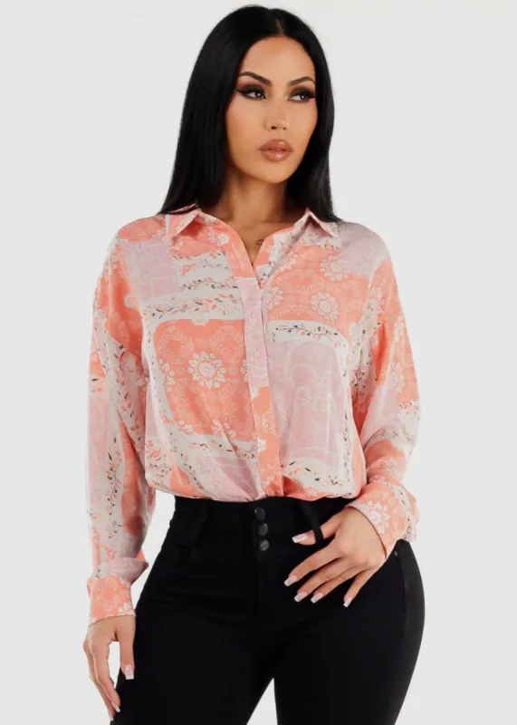 Long Sleeve Button Down Floral Shirt Pink sold by Moda