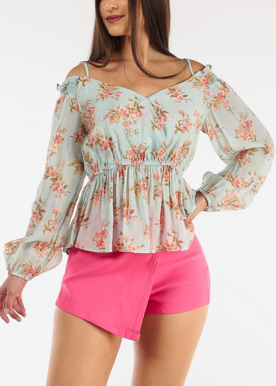Cold Shoulder Surplice Floral Mint Top sold by Moda