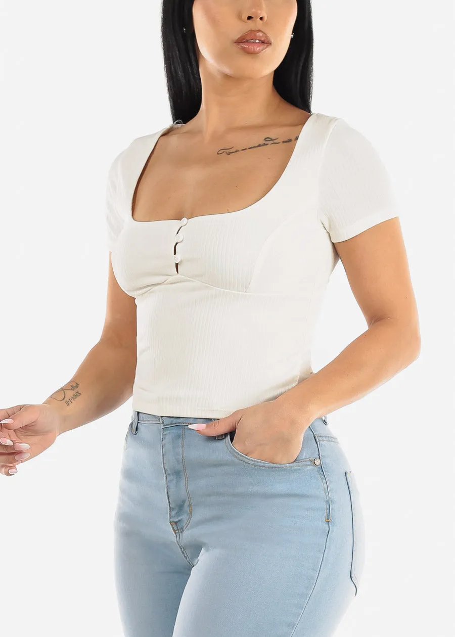 Short Sleeve Square Neck Double Layer Crop Top White sold by Moda