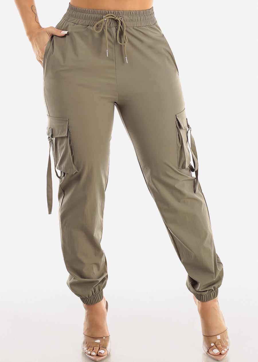 High Drawstring Waist Olive Cargo Jogger Pants sold by Moda