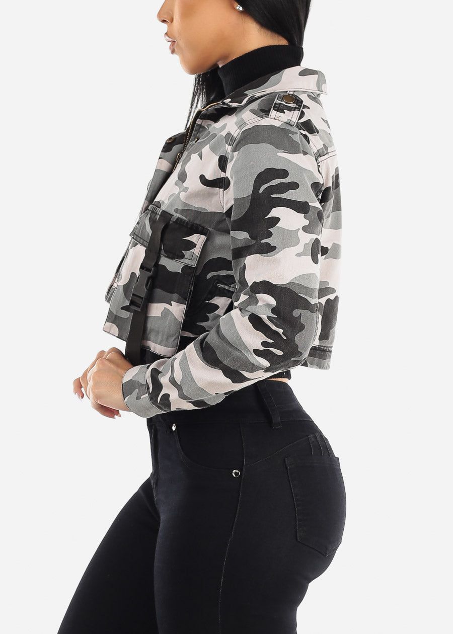 Long Sleeve Cropped Camouflage Cargo Jacket Grey sold by Moda product image thumbnail 4