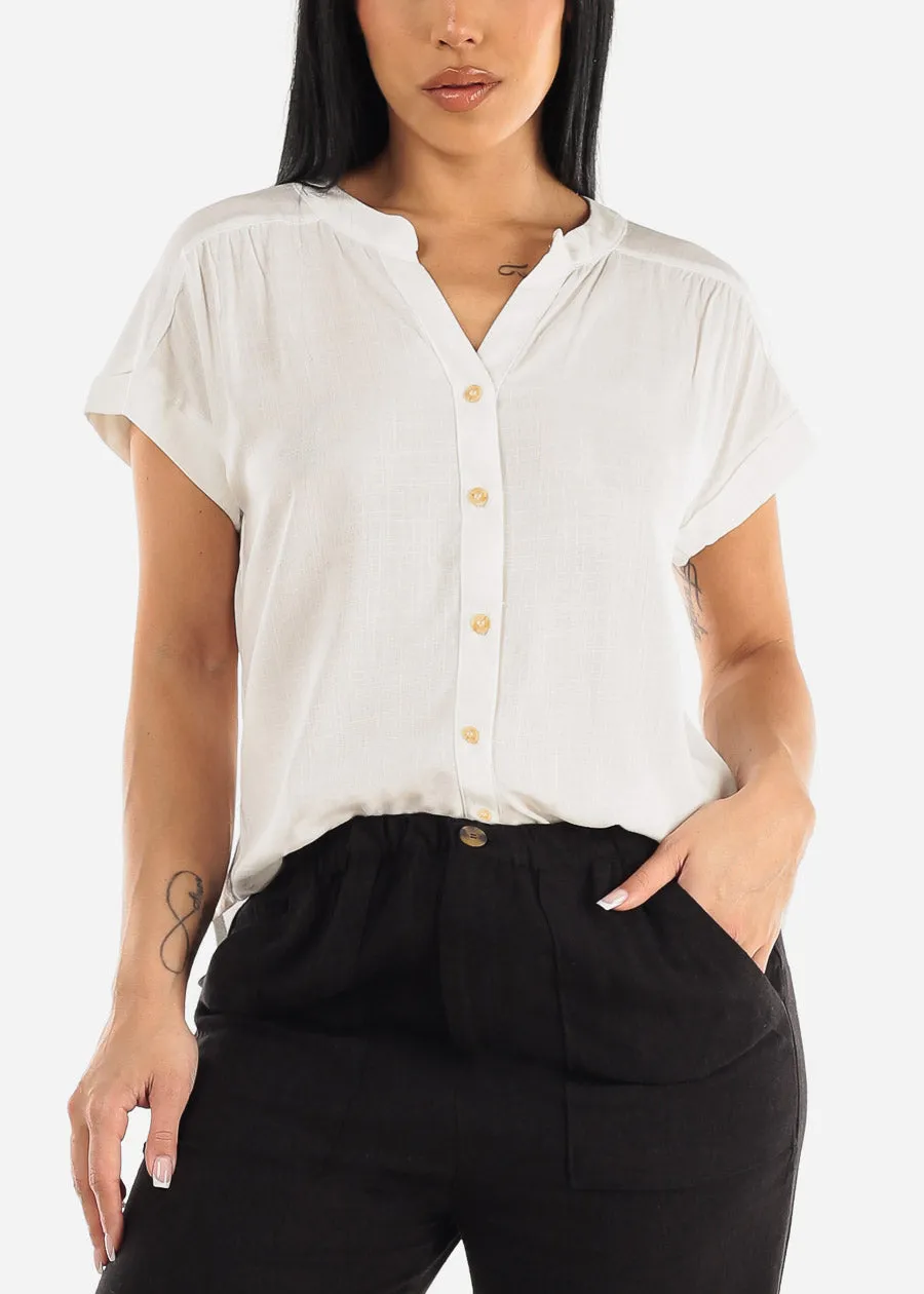 White Short Sleeve Round Hem Button Up Woven Blouse sold by Moda product image thumbnail 5
