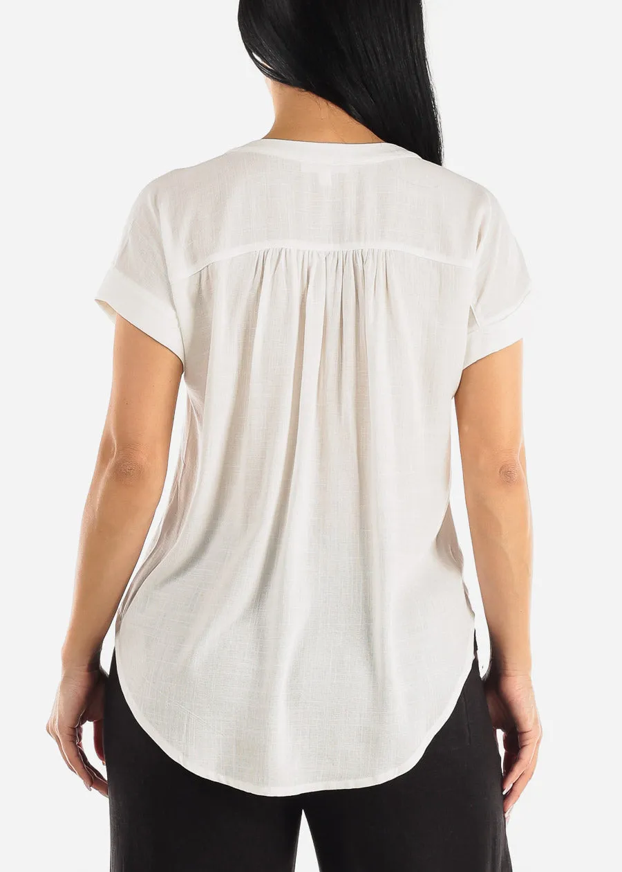 White Short Sleeve Round Hem Button Up Woven Blouse sold by Moda product image thumbnail 4