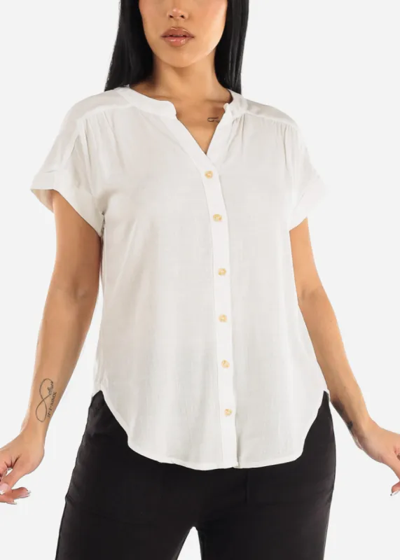 White Short Sleeve Round Hem Button Up Woven Blouse sold by Moda