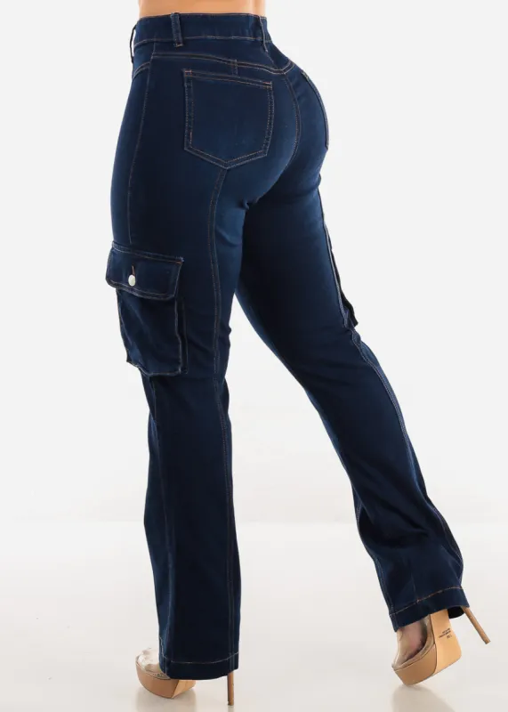 Butt Lift High Waist Straight Cargo Jeans Dark Blue sold by Moda