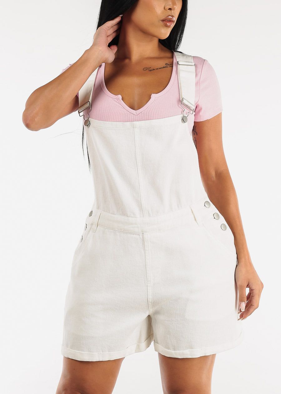 White Cotton Denim Short Overalls sold by Moda