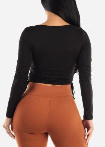 Black Long Sleeve Surplice Crop Top w Ruched Sides sold by Moda