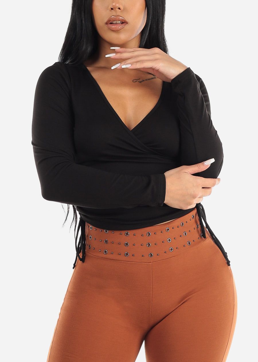 Black Long Sleeve Surplice Crop Top w Ruched Sides sold by Moda