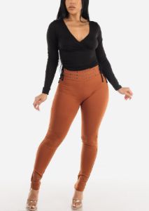 Black Long Sleeve Surplice Crop Top w Ruched Sides sold by Moda