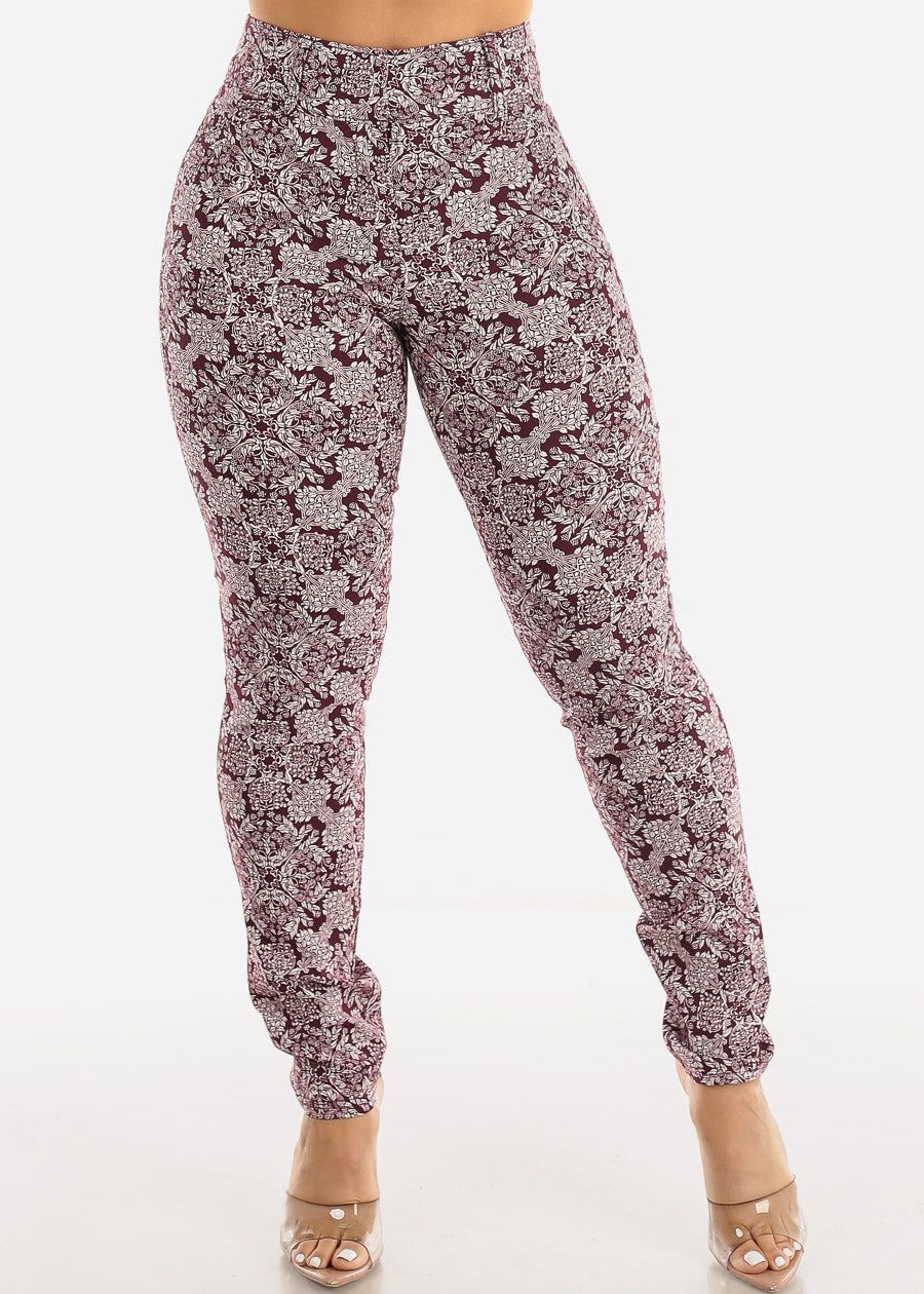 High Waist Printed Dressy Skinny Pants Burgundy sold by Moda