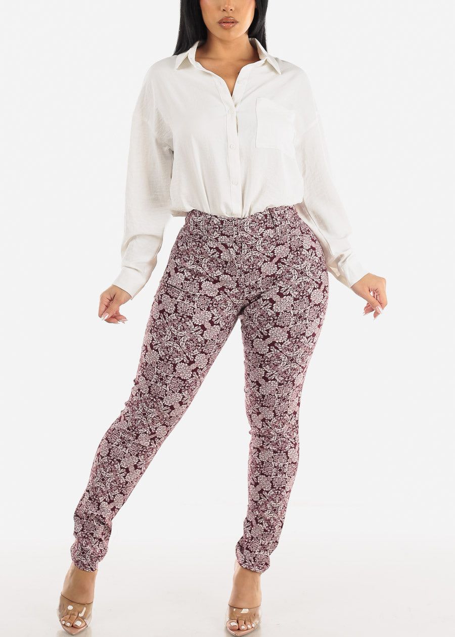 High Waist Printed Dressy Skinny Pants Burgundy sold by Moda product image thumbnail 2