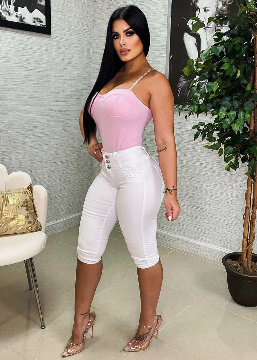 MX JEANS White Butt Lift Mid Rise Capris sold by Moda